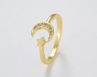 Open Moon & Star Ring Gold Filled, Adjustable Cubic Moon Ring, Minimalist Crescent Moon Ring, CZ Micro Pave Celestial Jewelry Supply, RG103