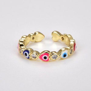 Enamel Heart Evil Eye Adjustable Ring in Gold Filled, CZ Micro Pave Minimalist Ring, Amulet Ring, Protection Ring, Stacking Ring, RG160