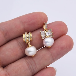 Freshwater Pearl Button Add-On Charm, Gold Filled Baguette CZ Micro Pave Pearl Necklace Pendant Charm for Bracelet Jewelry Making, CP2159
