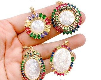 Holy Virgin Mary Add-On Charm Gold Filled, Colorful CZ Micro Pave Our Lady Of Guadalupe Religious Necklace Pendant Jewelry Making, CP1167