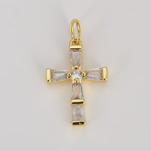 Cross Add-On Charm with Clear Baguette CZ Micro Pave, Gold Filled Cross Pendant for Necklace Bracelet Charm Supply Religious Jewelry, CP1611