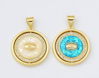 Evil Eye in Round Opal Pearl Shell Add-On Charm Gold Filled, CZ Micro Pave Eye Evil Charm for Necklaces Pendant Jewelry Making, CP2011