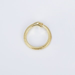 May include: A gold ring featuring a textured snake design. The snake's tail is in its mouth, creating a circular shape.
