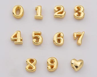 Balloon Number Beads 0–9 with Heart in Gold Filled, DIY Jewelry Making Charms, Chunky Metallic Number Charm for Bracelets & Necklaces, BD175