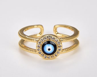 Anello malocchio con micro pavé nero CZ, anello malocchio smaltato riempito d'oro, anello aperto regolabile, anello impilabile, anello occhi turchi, RG163