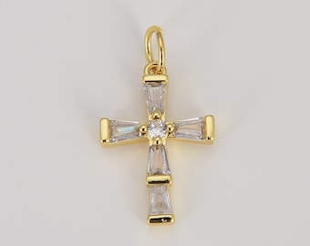 Cross Add-On Charm with Clear Baguette CZ Micro Pave, Gold Filled Cross Pendant for Necklace Bracelet Charm Supply Religious Jewelry, CP1611