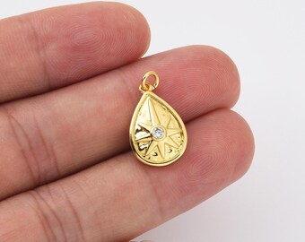 Teardrop Add-On Charm in Gold Filled CZ Micro Pave, Dainty Starburst Teardrop Necklace Pendant Charm for Bracelet Jewelry Making, CP2109
