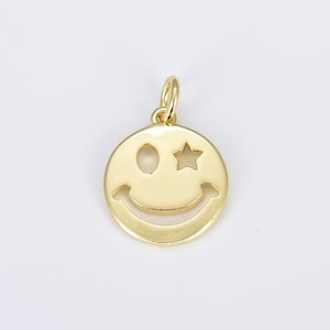 18K Gold Filled Happy Face Charm for Jewelry Making, Emoji Add-On Charm, Star Smile Charm Necklace Pendant Face Charms for Bracelet, CP1423