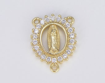 Gold Filled Our Lady Of Guadalupe Connector, CZ Micro Pave Virgin Mary Medal Rosary Centerpiece Charm Pendant for Jewelry Making, CN403