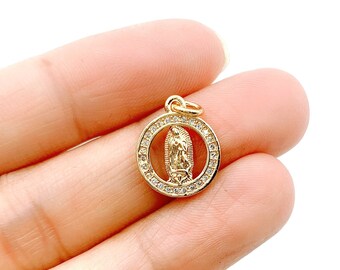 Dainty Virgin Mary Religious Charm in Gold Filled Necklaces Pendant, Virgin de Guadalupe CZ Micro Pave Pendant Jewelry Making, CP1034