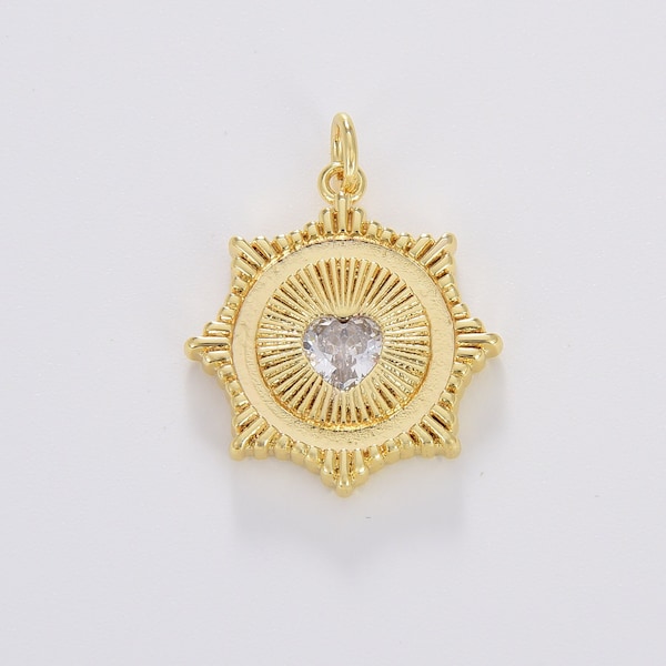 Heart Sun Burst Charm Necklace, Heart CZ Sun Charm Pendant, Dainty Celestial Jewelry Gift Charm for Necklace Bracelet Supply, 24x20mm CP1684