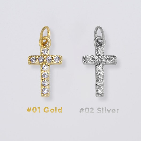 18k Gold FIlled Cross Charm Pendant , Dainty CZ Micro Pave Small Silver Cross Charm Religious Jewelry Making Necklace Cubic Zirconia CP008