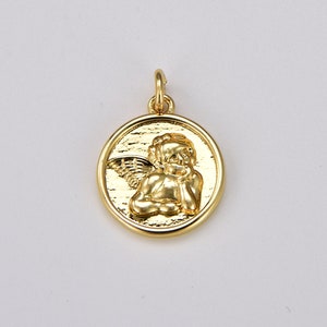 Ciondolo con ciondolo a forma di angelo con medaglia d'oro rotonda, ciondolo a forma di angelo, ciondolo a forma di Cupido, ciondolo a forma di angelo custode, collana con angelo, ciondolo con ciondolo, 15 x 13 mm, CP861
