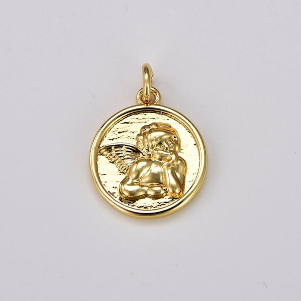 Round Gold Medal Angel Charm Pendant, Angel Charm, Cupid Charm, Guardian Angel Charm, Angel Necklace, Charm Pendant, 15x13mm, CP861