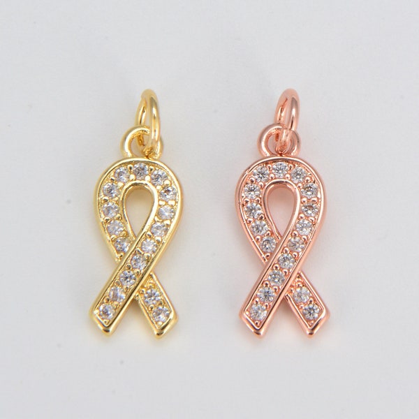 Awareness Ribbon Charm Pendant with CZ Micro Pave, Gold Filled Ribbon Bow Knot Add-On Charm Necklace Pendant Earrings Jewelry Making, CP1126