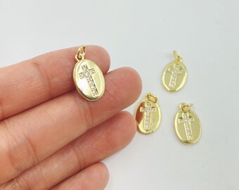 Dainty Cross Oval Add-On Charm, CZ Micro Pave Cross in Gold Filled Religious Catholic Christian Cross Medallion for Jewelry Making, CP1663