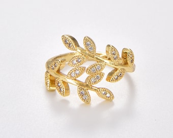 Olive Branch Leaf Ring with CZ Micro Pave, Gold Filled Leaf Ring, Open Adjustable Ring, Leaves Ring, Stack Ring, Minimalist Ring, RG135