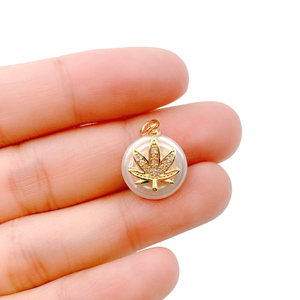 Freshwater Pearl Cannabis Charm Pendant, CZ Micro Pave Marijuana Leaf Charm, Gold Filled Weed Charm Pot Leaf Charm Cannabis Necklace, CP1127