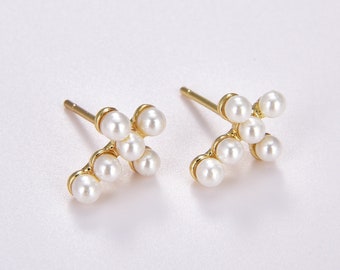 Dainty Pearl Cross Post Earrings, White Pearl Cross Stud Earrings, Religious Gold Filled Minimalist Studs Earrings, Cross Jewelry,Gift ER202