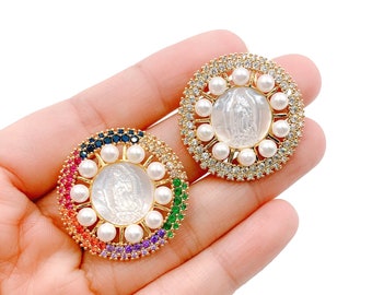 Mother Of Pearl Virgin Mary with Colored CZ Micro Pave Charm Pendant, Dainty Virgin de Guadalupe in Gold Filled Pave Jewelry Making, CP1038