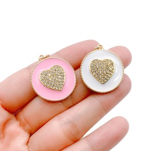 Micro Pave Pink Enamel Heart Charm Pendant, Enamel Heart Pendant Necklaces, Gold Heart Charm Red Heart Pendant for Necklace Bracelet, CP850