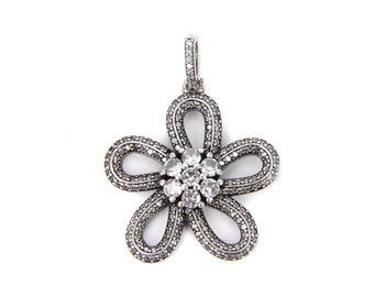 Antique Silver Flower Add-On Charm, Necklace Pendant Bracelet Jewelry Making Component, Clear CZ Micro Pave Flower Pendant Charm, CP787