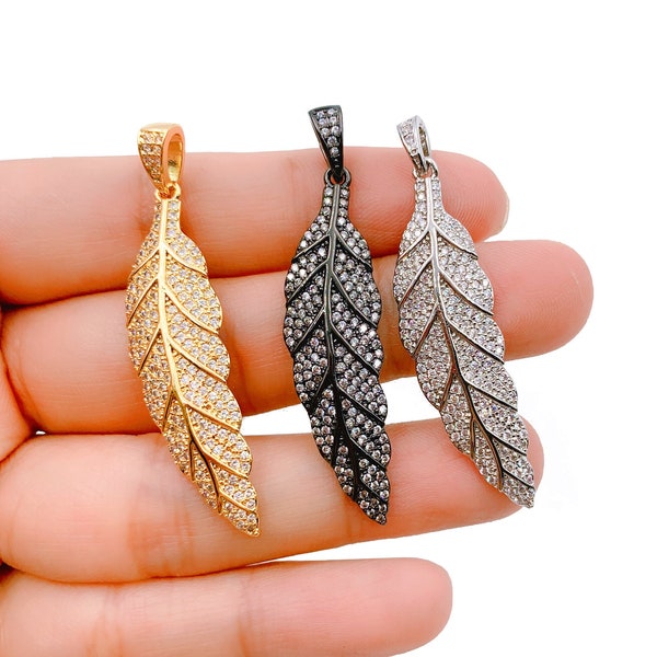 Feather Charm with CZ Micro Pave, Gold Filled Feather Pendant Charm Bracelet Necklace Pendant Earring for Jewelry Making Supply, CP213