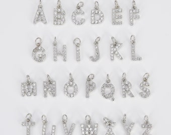 Silver Initial Letter Add-On Charm, Dainty Letter Necklace Pendant, Alphabet Charm for Bracelet, CZ Micro Pave for Jewelry Making, CP482