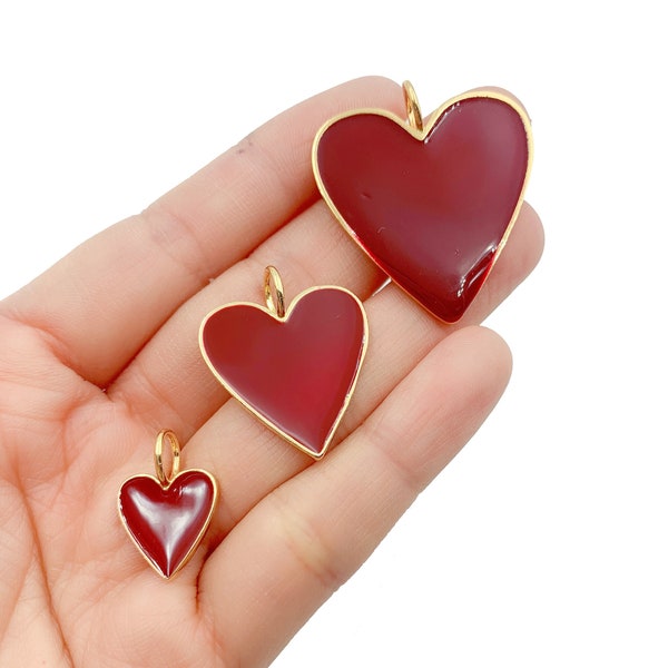 Burgundy Red Enamel Heart Pendant Charm, Enamel Heart Charm, Heart Pendant, Small Heart Necklace, Heart Charms, Small, Medium, Large, CP679