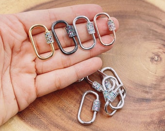 Oval Shaped Carabiner Screw Clasp, CZ Micro Pave Carabiner Pendant Elongated Enhancer Jewelry Making, Buckle Clasp For Charm Holder, CL374