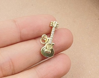 Rock n Roll Guitar Add-On Charm for Bracelet Gold Filled, Jewelry Making Musician Guitarist CZ Micro Pave Earring Necklace Pendant, CP1923