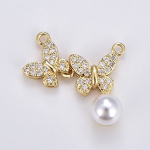Pearl Butterfly Charm Connector in Gold Filled, CZ Micro Pave Butterfly Pendant Necklace, Charm for Bracelet DIY Jewelry Making, CN464