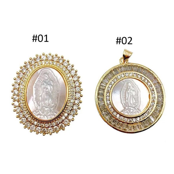 Virgin Mary in White Opal Charm Gold Filled, CZ Micro Pave Our Lady Of Guadalupe Religious Necklace Pendant Earring Jewelry Making, CP1165