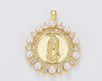 Virgin Mary in Gold Filled, CZ Micro Pave Lady of Guadalupe Add-On Charm Necklace Pendant, Pearl Virgin Mary for Jewelry Making, CP1676