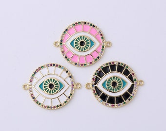 Pink Enamel Evil Eye Connector, Gold Micro Pave CZ Charm, Spiritual Protection Gold Amulet Necklace Pendant for DIY Jewelry Making, CN385