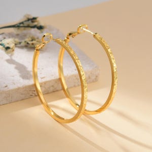 Textured Hoop Earrings Gold Plated, Hammered Finish Large Round Hoops for Women, Statement Lightweight Jewelry Gift, Classic Style, ER346