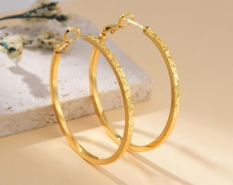 Textured Hoop Earrings Gold Plated, Hammered Finish Large Round Hoops for Women, Statement Lightweight Jewelry Gift, Classic Style, ER346