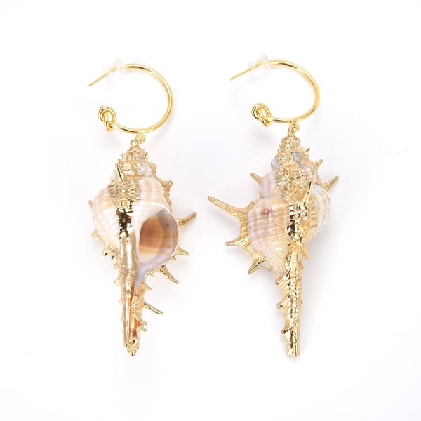 Natural Conch Shell Gold Dangle Earwire, Conch Shell Earrings, Gold Drop Style Earwires, Summer Fashionable Gold Jewelry, 82x36mm, ER077