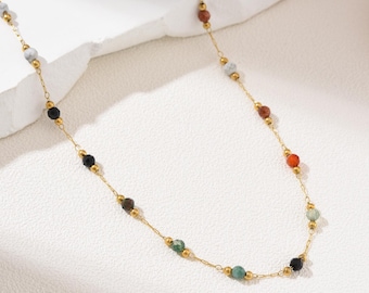 Gemstone Beaded Necklace in Gold Filled, Multicolor Dainty Chain Stainless Steel Jewelry, Boho Layering Necklace, Gift for Women, SNL012