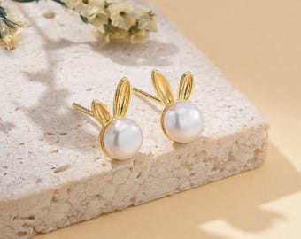 Bunny Real Pearl Earrings in Gold Plated, Cute Rabbit Studs for