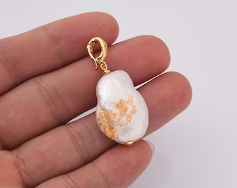 Freshwater Pearl Necklace Pendant with Gold Flakes, Gold Filled Irregular Baroque Pearl Add-On Charm for Bracelet DIY Jewelry Making, CP2240