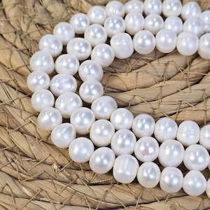 9mm White Near Round Freshwater Pearls, High Quality 7.5&quot; Full Strand, Freshwater Pearl Beads for Jewelry Making Necklace Pendant, FWP035