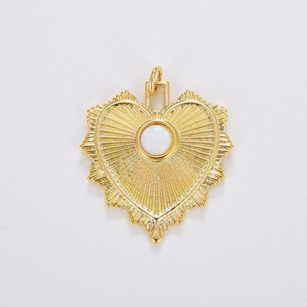 White Opal Heart Charm, Gold Sunburst Heart Pendant, Love Charm, Heart Charm for Necklace Bracelet Jewelry Making, Vintage Pendant, CP1703