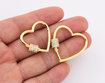 Love Heart Screw Carabiner Clasp CZ Micro Pave, Gold Filled Interlocking Clasp Pendant Enhancer for Necklace Bracelet Jewelry Making, CL343