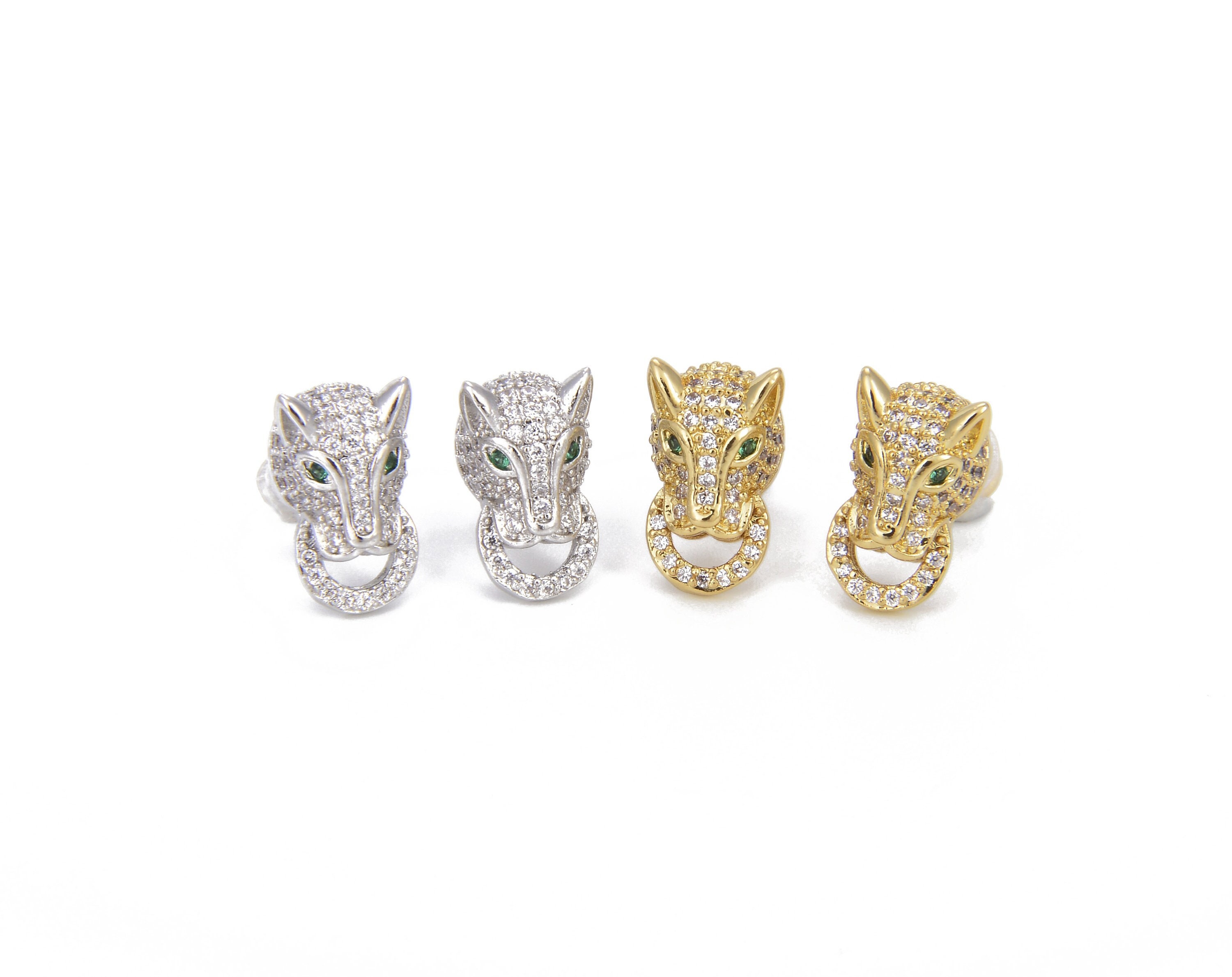 Panther CZ Micro Pave Gold Push Back Earrings, Emerald Green Eyed Leopard Earrings, Cat Earrings, Jaguar Earrings, Panther Earrings, ER088