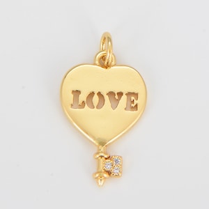 Mini ciondolo in oro con chiave a cuore d'amore, ciondoli a cuore in oro con micro pavé, ciondolo con lucchetto d'amore, ciondolo con chiave in oro, collana, braccialetto, orecchino, 22x13mm, CP1594