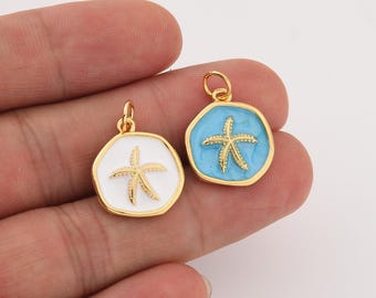 Starfish Charm Pendant with White Blue Enamel in Gold Filled, Nautical Beach Necklace Pendant for DIY Jewelry Making, Gift for Her, CP2276