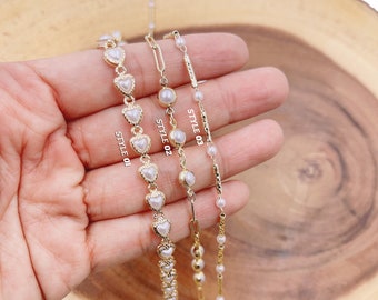 White Pearl Heart Chain in 18K Gold Filled, Pearl Chain by Foot, Mother of Pearl Wholesale Roll Chain for Necklace Jewelry Making, CH296