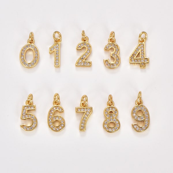 18K Gold Filled Micro Pave CZ Numbering Charms Pave Dangle, White Gold Number Letter Charms Pave Number Findings Number 0-9 Charms CP066