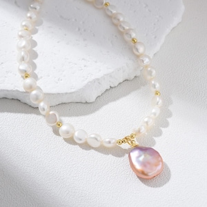 White Freshwater Pearl Necklace with Pink Baroque Pendant, Gold Filled Beaded Choker Necklace, Elegant Pearl Jewelry Gift for Women, NL099